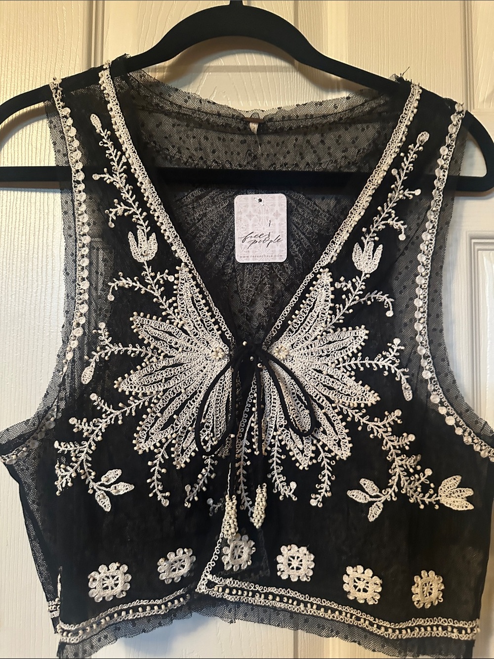 Free People Black Vest with White Sequin Embroidery